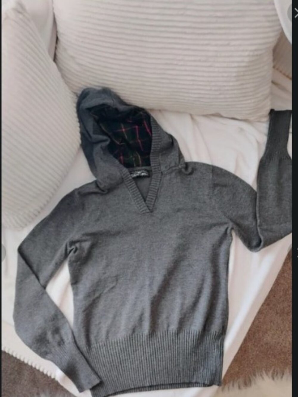 Almost Famous Gray Knit Flannel Hoodie Plaid Button Front M